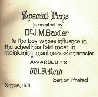 Book Plate from Dr Baxter Prize awarded to William James Reid in 1913.